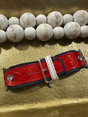 Red and Navy Leather Watch Strap with White Accent. Size 1